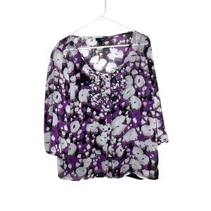 East 5th Women’s XL Purple Floral Sheer Ruffle Front Blouse Top 3/4 Sleeve